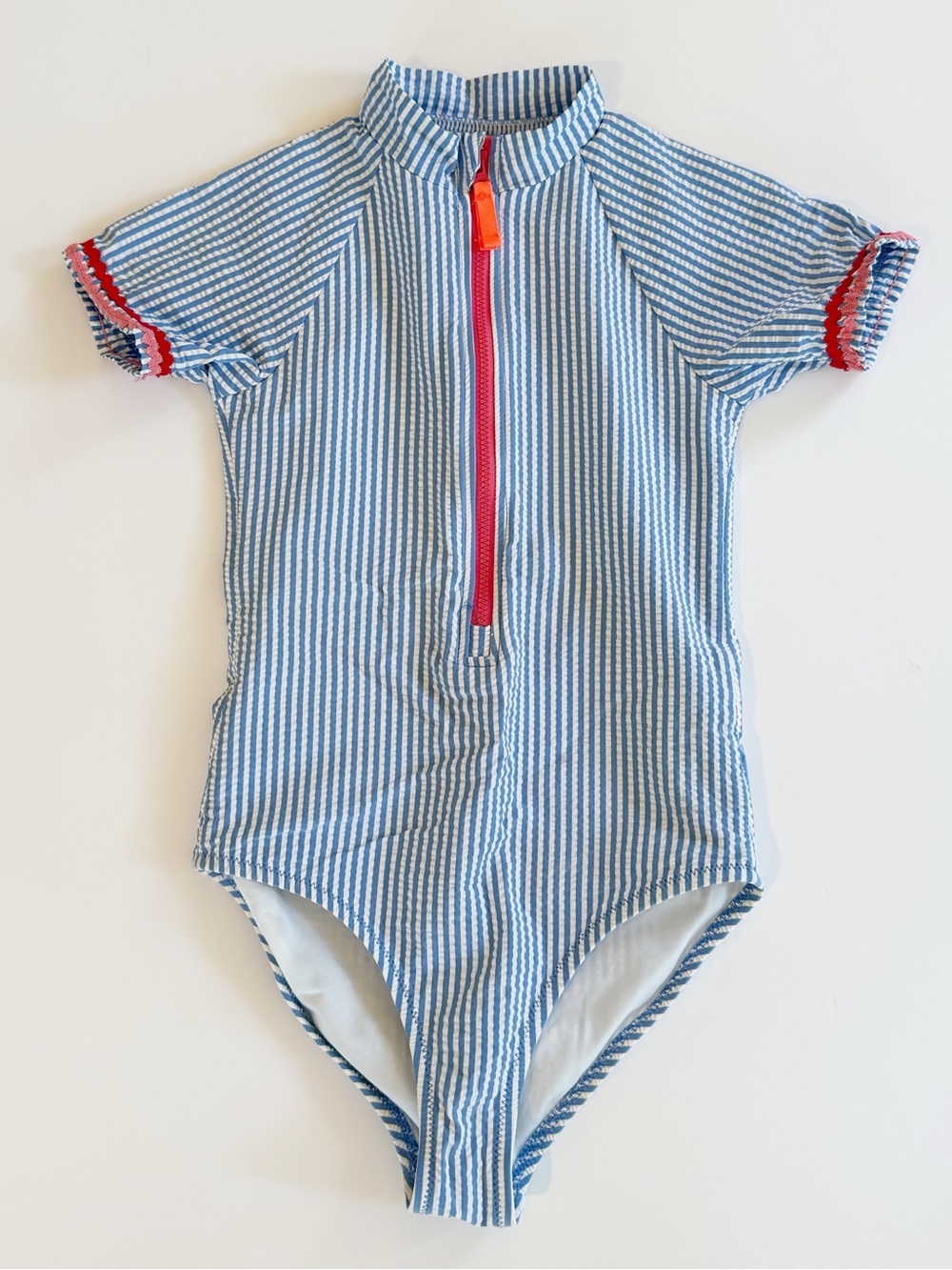 Crewcuts Blue & White Seersucker Short Sleeve Rash Guard Swimsuit - Picture 2 of 4
